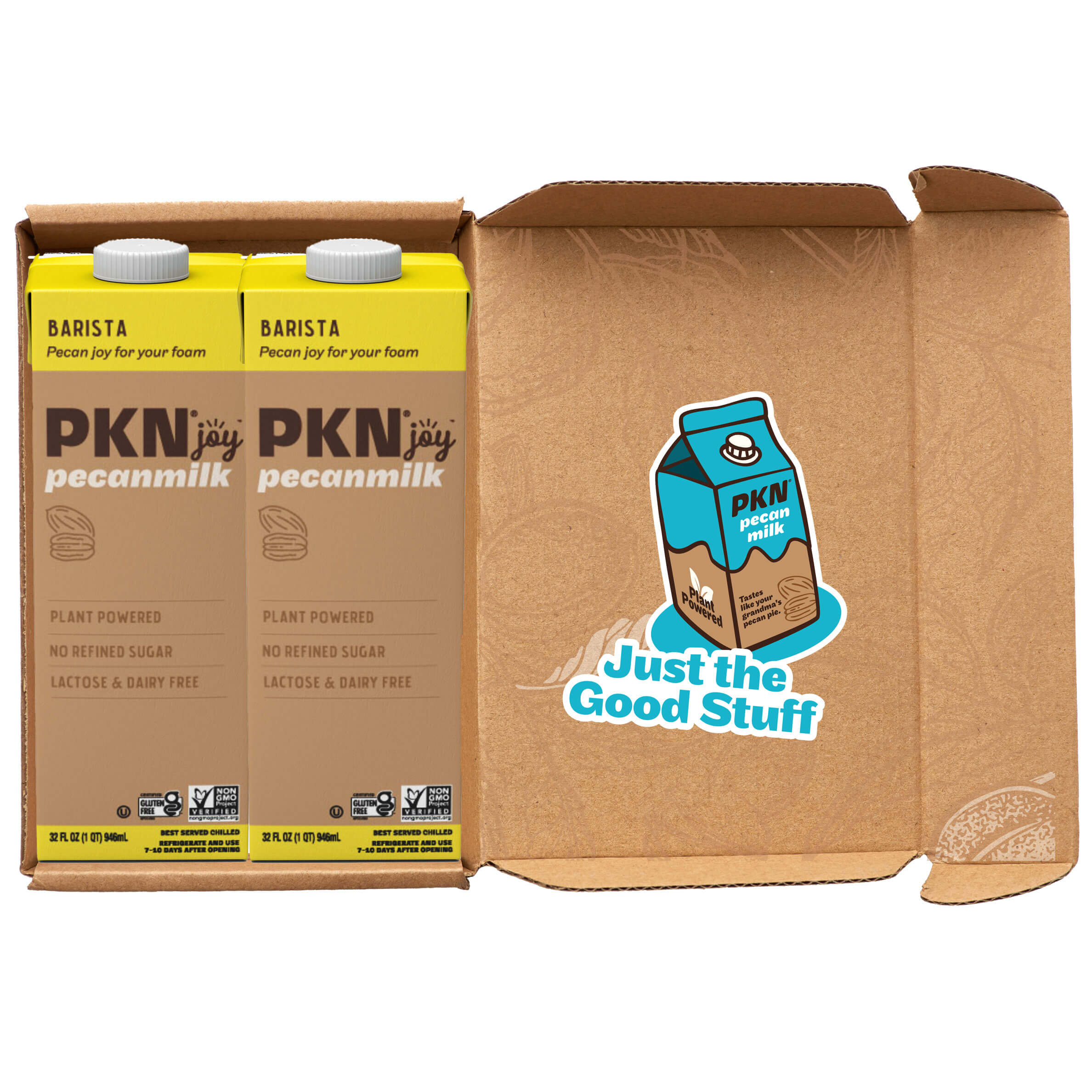 PKN Joy Barista pecan milk carton surrounded by pecans, coffee, and a glass of pecan milk, highlighting plant-based, dairy-free barista blend.