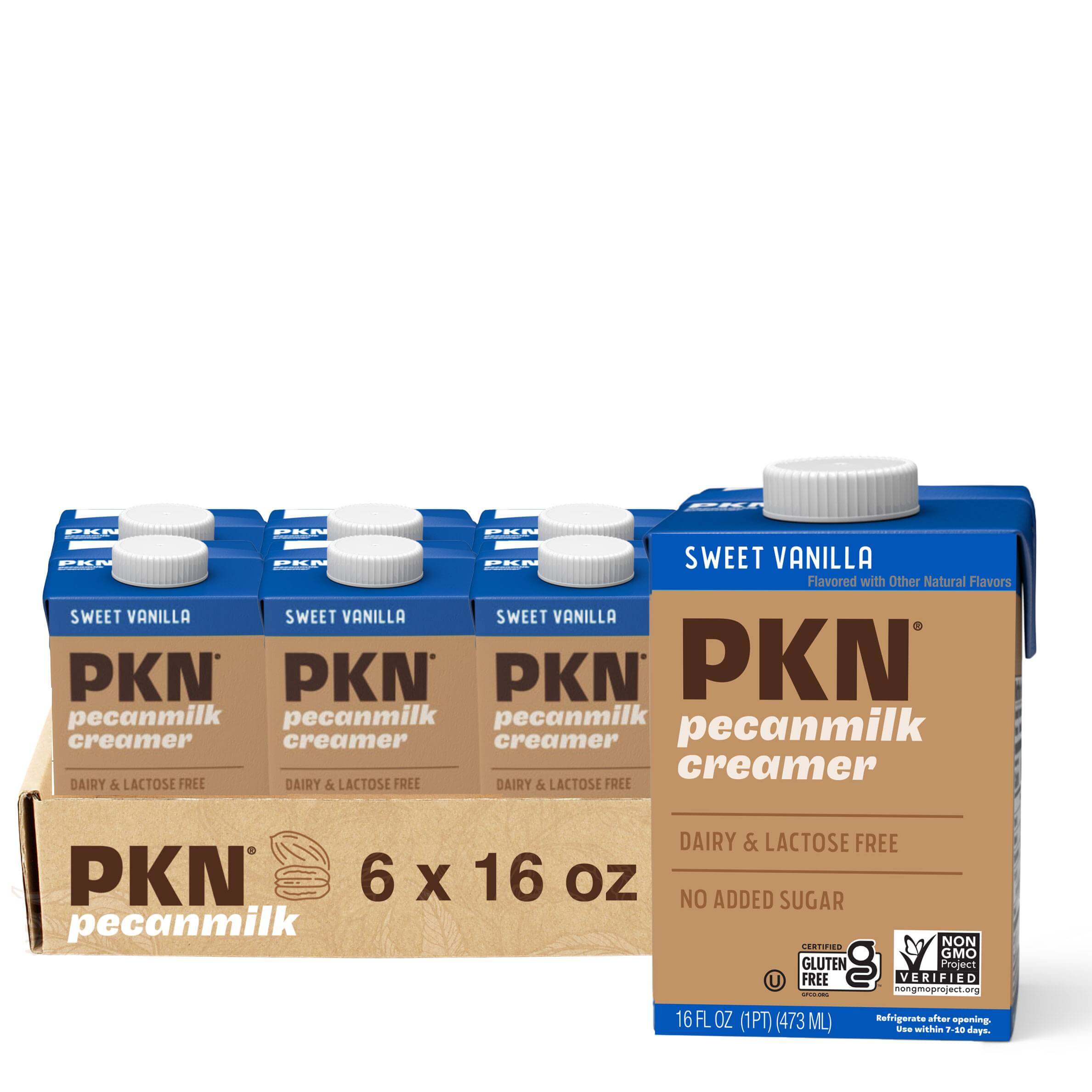 Packages of PKN pecanmilk creamer on a white background
