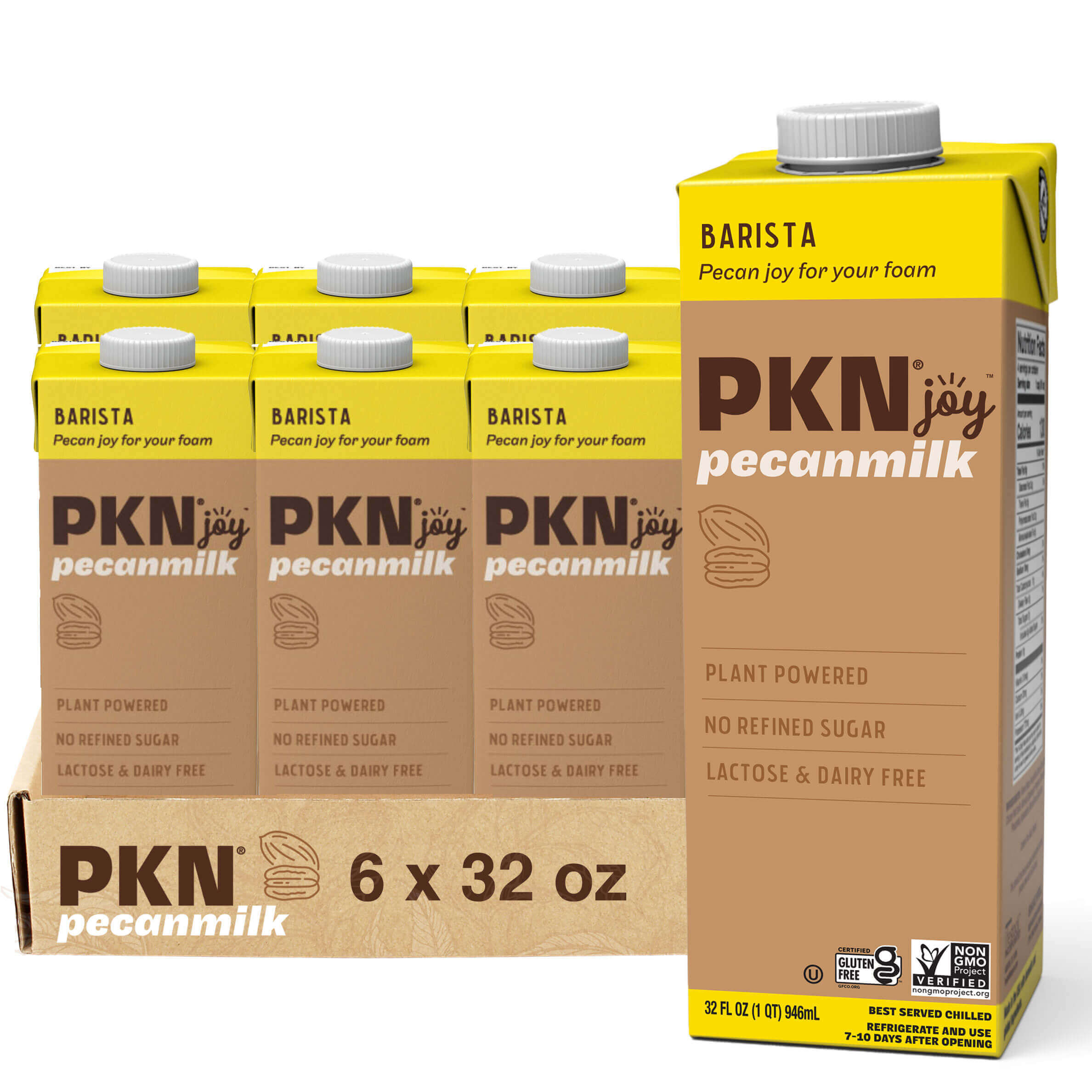 Six-pack of PKN Joy Barista pecan milk cartons with one in front, highlighting plant-based, dairy-free milk designed for creamy foam.