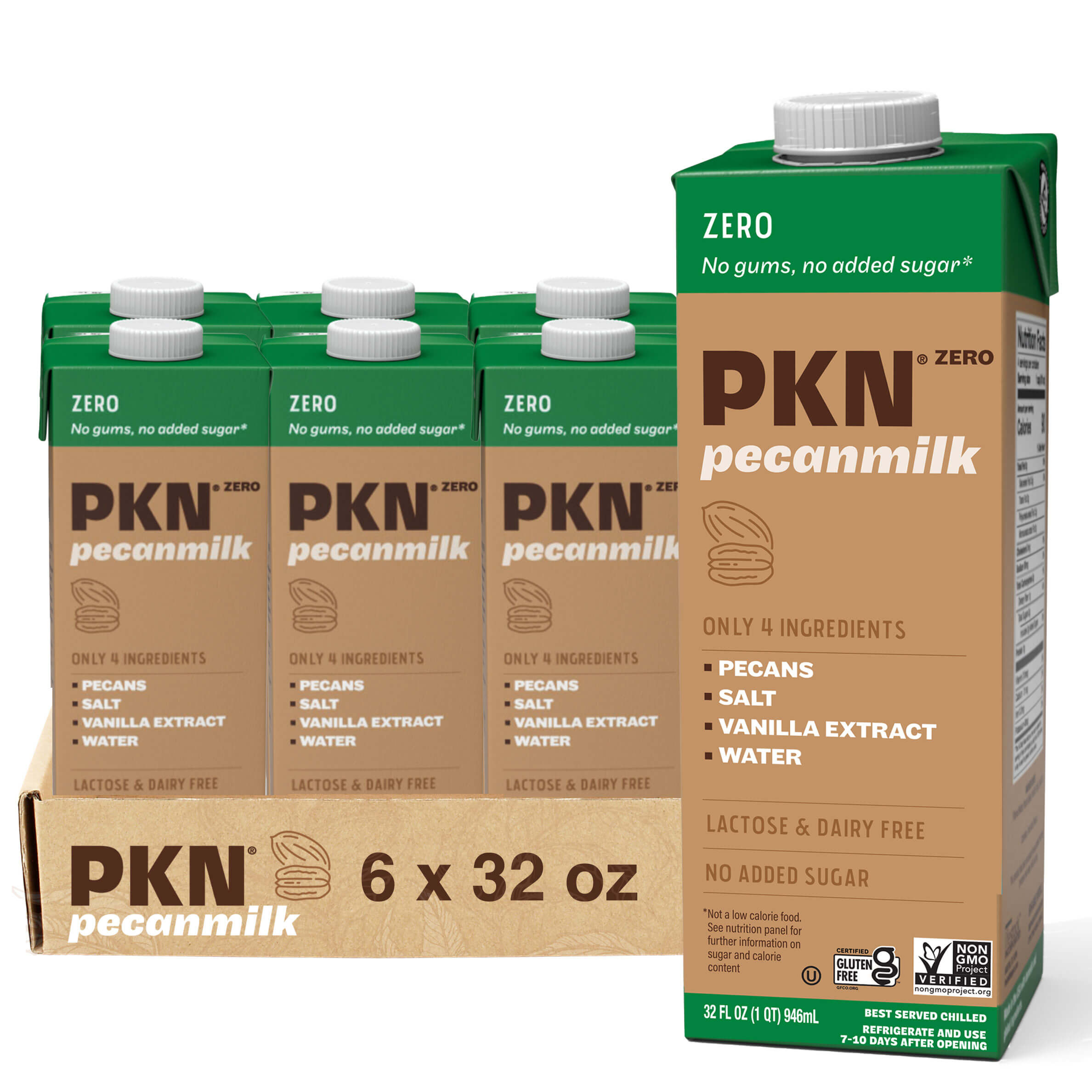 Six-pack of PKN Zero pecan milk cartons with one carton in front, highlighting plant-based, dairy-free milk with no added sugar and simple ingredients.