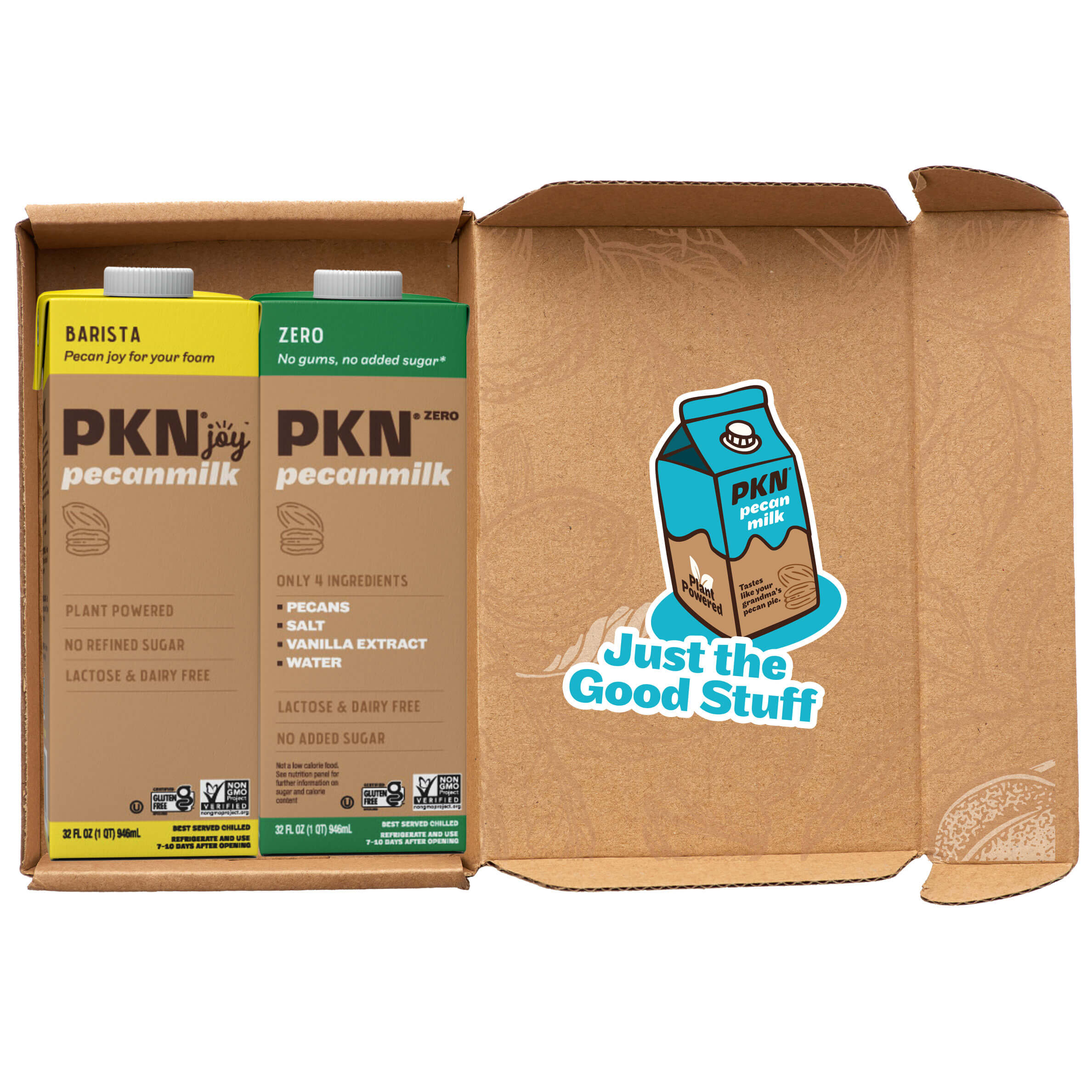 A carton of PKN Pecan Milk, with two cartons inside, one labeled 'PKNjoy Barista' and the other 'PKN Zero'. The packaging is brown with the PKN logo and the text 'Just the Good Stuff'.