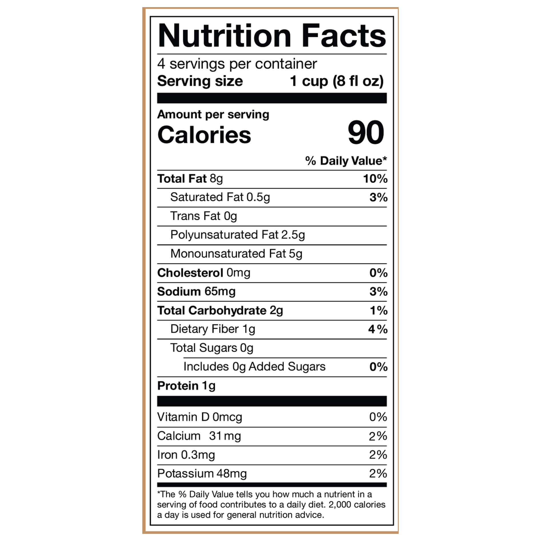 Nutrition facts label for PKN Zero pecan milk showing 90 calories, 8g fat, 2g carbs, 0g sugar, and 1g protein per serving with vitamins and minerals.