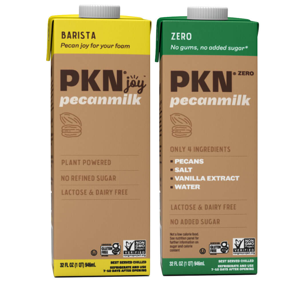PKN pecan milk Barista and Zero cartons side by side, showcasing plant-based, dairy-free drinks with no added sugar and simple clean ingredients