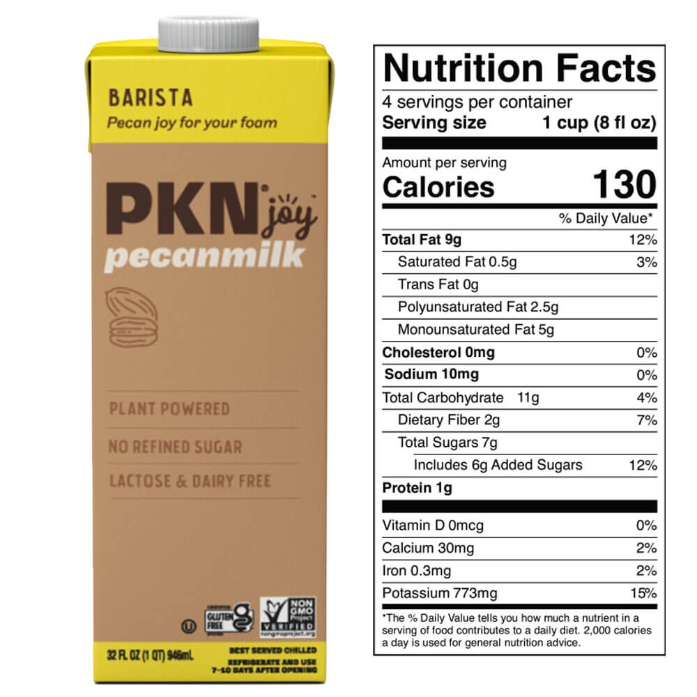 PKN Joy Barista pecan milk carton with nutrition facts label, showing plant-based, dairy-free drink with 130 calories and no refined sugar per serving