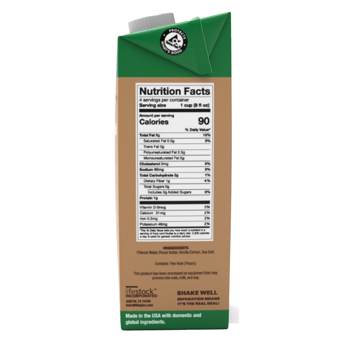 PKN Zero pecan milk carton back view with nutrition facts label, showing 90 calories, no added sugar, and simple plant-based dairy-free ingredients