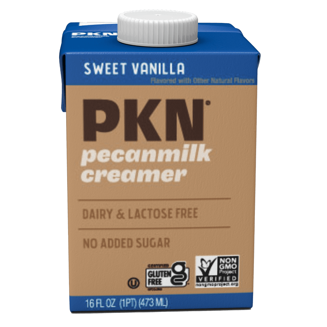 PKN Sweet Vanilla pecanmilk creamer carton, dairy- and lactose-free, no added sugar, 16 fl oz plant-based coffee creamer with smooth flavor.